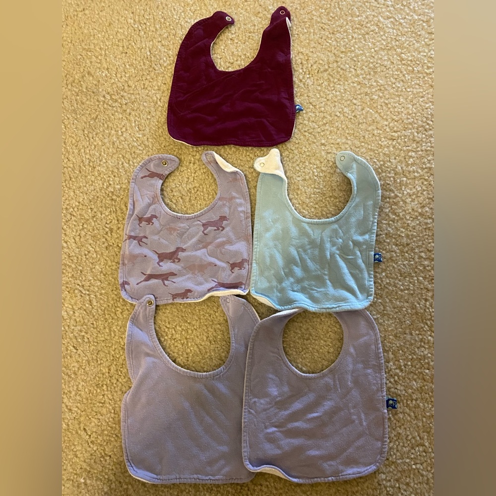 5 Kickee Pants Bibs & Burp Clothes - used purples and Pattern dogs
